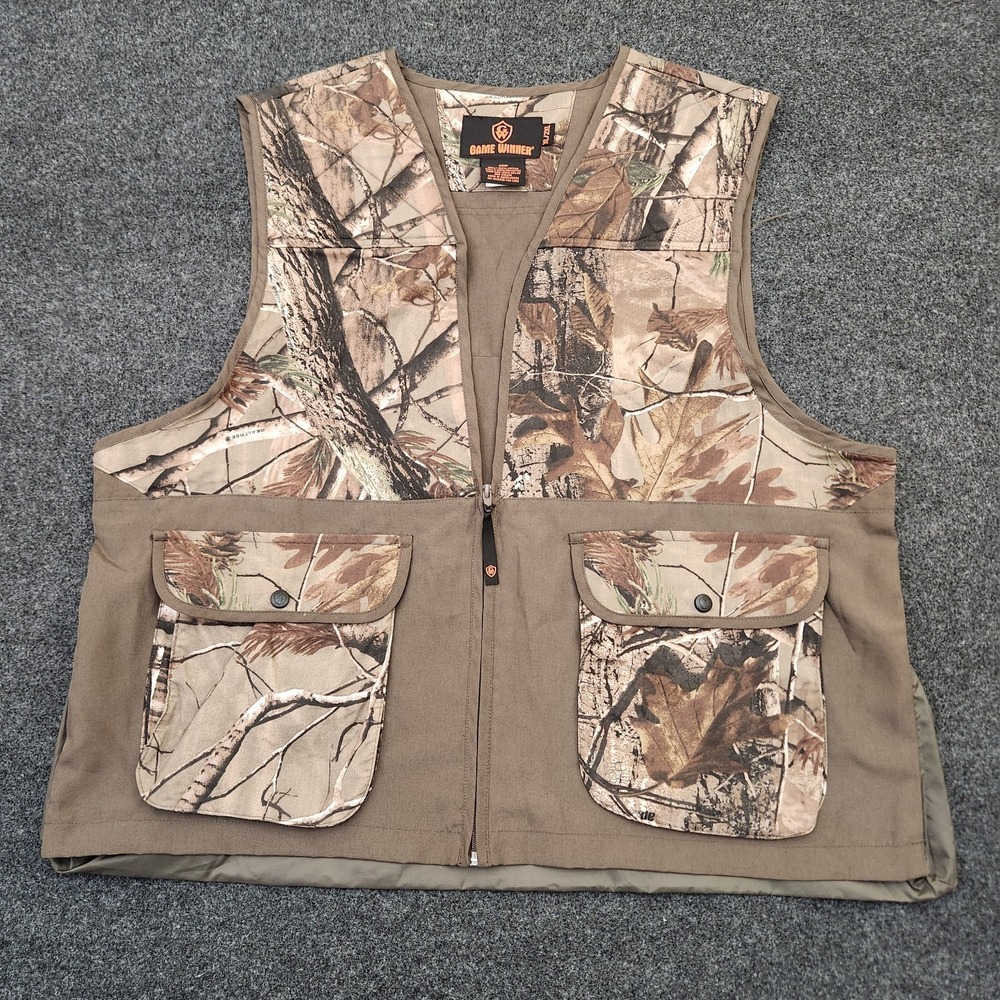 Game Winner Mens XL/2XL Brown Green Real Tree Camo Hunting Zip Vest Game Pockets